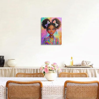 African American Girl Canvas Wall Art Framed Kawaii Cute Digital Print Empowering Art Curly Hair Oversized Jacket Stars Rainbow Wall Decor Artwork Poster for Bedroom Office 16x24 Inches