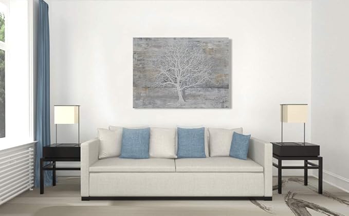 Yihui Arts Abstract Tree Canvas Wall Art: Large White Shadow Tree Picture Painting Print for Bedroom Modern Horizontal Wall Decor Idea Designs
