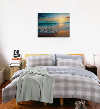 Coastal Sunset Canvas Wall Art Framed Print Serene Beach Scene with Golden Horizon Blue Waves Calming Ocean Wall Decor Artwork for Living Room Bathroom Decor 16x24 Inches