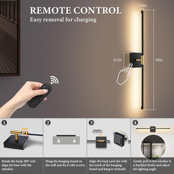 SAIMAND Wireless Sconces Set of 2 Battery Operated,8000mAh USB Rechargeable Wall Light with Remote Control,3000K-6000K LED Dimmable Wall Lamp for Living Room, Hallway, Bedroom (Black+Gold)