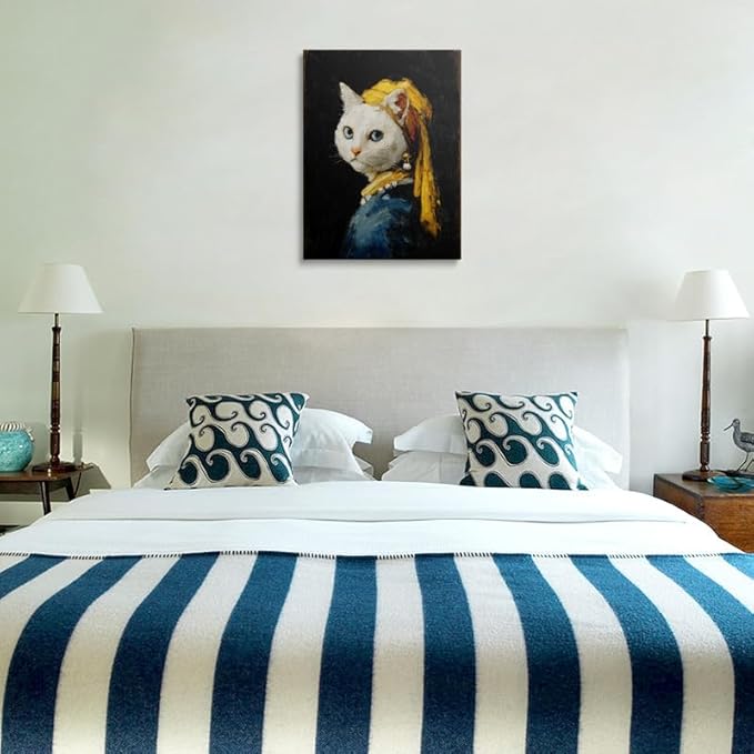 Vintage Style Cat Canvas Wall Art Framed Painting Whimsical Portrait with Pearl Earring Blue Eyes Yellow Headscarf Humorous Animal Wall Decor Artwork for Living Room Bathroom 16x24 Inches