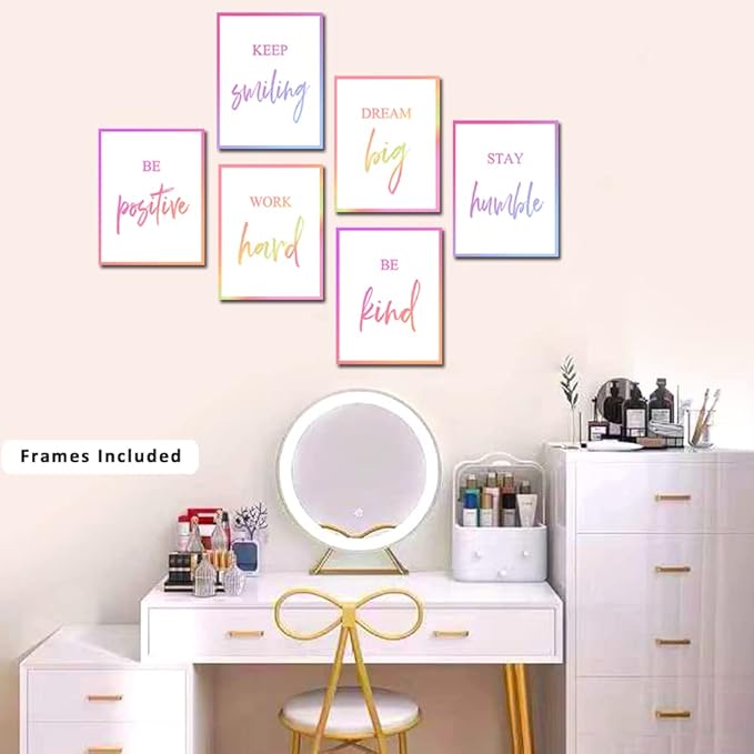 Motivational Wall Art for Women, Framed Inspirational Wall Art Canvas Positive Quote for Living Room Bedroom Office, Stretched Ready to Hang (Set of 6, 8X10in, Framed)