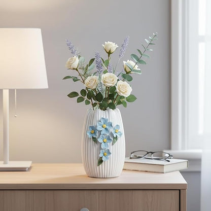 White Ceramic Vase - 7 inch Small Boho Vases Home Decor, 3D Floral Modern Vase for Pampas Grass, Centerpieces for Table, Kitchen, Living Room, Bathroom Decor