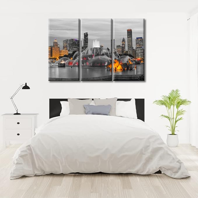TUMOVO 3 Pieces Home Decor American Cityscape Wall Art Chicago Skyline Panorama with Skyscrapers and Buckingham Fountain at Twilight Bedroom Decor Wall Art Framed Ready to Hang (60" Wx40 H)