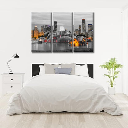 TUMOVO 3 Pieces Home Decor American Cityscape Wall Art Chicago Skyline Panorama with Skyscrapers and Buckingham Fountain at Twilight Bedroom Decor Wall Art Framed Ready to Hang (60" Wx40 H)
