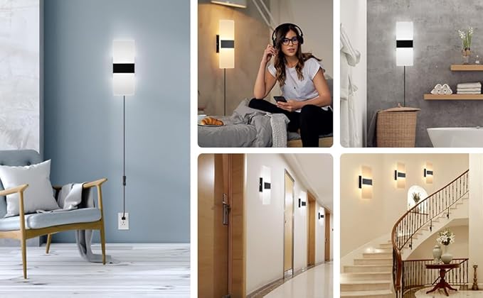 GOODATE 4 Pack Plug in Wall Sconces with Remote Control, Dimmable, Adjustable 3000K-6500K Colors, Black 12W Acrylic LED Plug in Wall Light, Wall Lamps for Bedroom Living Room Hallway Stair