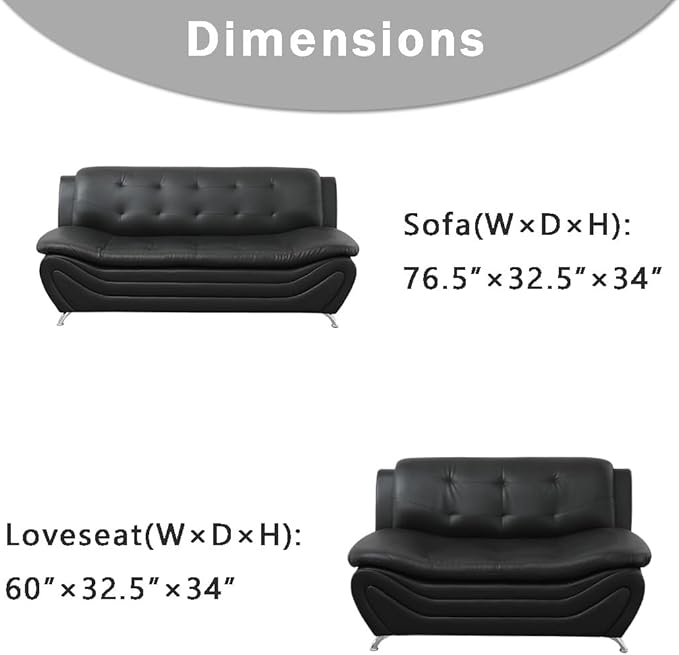 Leather Couches for Living Room, Living Room Couch Set, Sofa for Bedroom, Apartment, Living Room Furniture Sets (a-Leather Black, Sofa+Loveseat)