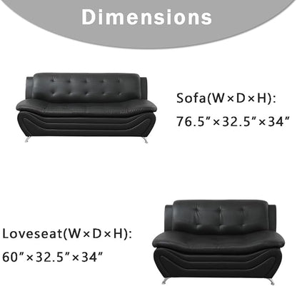 Leather Couches for Living Room, Living Room Couch Set, Sofa for Bedroom, Apartment, Living Room Furniture Sets (a-Leather Black, Sofa+Loveseat)