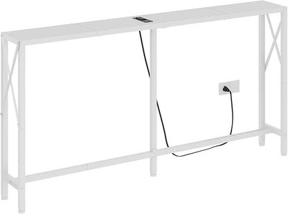 Gewudraw Console Table with Oulets and USB Ports, 55.1" Sofa Table Behind Couch, Industrial Long Skinny Stand for Hallway, Living Room, Bedroom, 6.5 Feet Power Cord, White
