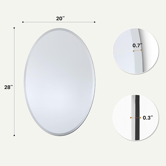 20x28 Inch Oval Frameless Bathroom Mirror with Solid Backing, Beveled Vanity Wall Mirror for Over Sink, Modern Mirror for Powder Room, Entryway