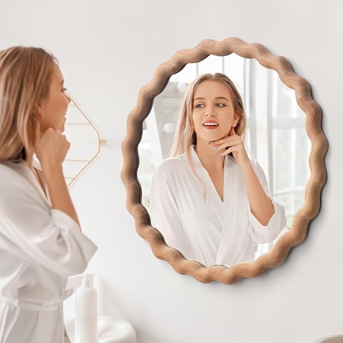 Irregular Wall Mirror,Wood Round Farmhouse Mirror Unique Vanity Mirror,30" Nature Wooden Modern Bathroom Mirror for Washroom Living Room Bedroom