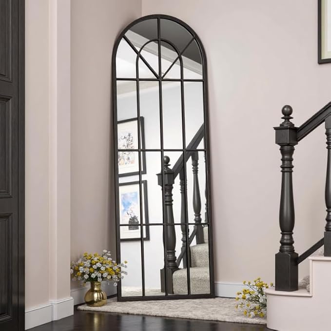 OGCAU Full Length Mirror, 65"x22" Arched Window Floor Length Mirror, Hanging or Leaning, Full Body with Iron Frame, Window Pane Wall Mounted Home Decor for Bedroom Living Room (Black)