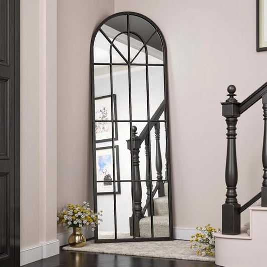 OGCAU Full Length Mirror, 65"x22" Arched Window Floor Length Mirror, Hanging or Leaning, Full Body with Iron Frame, Window Pane Wall Mounted Home Decor for Bedroom Living Room (Black)