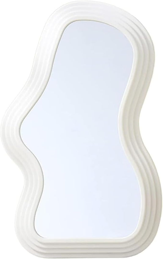 Mokoze Wavy Wall Mirror, Irregular Decorative Accent for Bedroom Vanity Entryway Living Room, White Funky Aesthetic Wall Mounted or Tabletop Display, 15.94" x 10.24"
