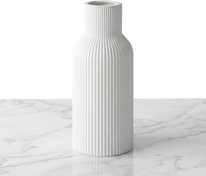 White Tall Ceramic Vase, Modern Matte Vertical Ribbed, Nordic Minimalist for Pampas, Dried & Fresh Flowers, Home Decor for Living Room, Coffee Table, Bookshelf, Entryway, Farmhouse