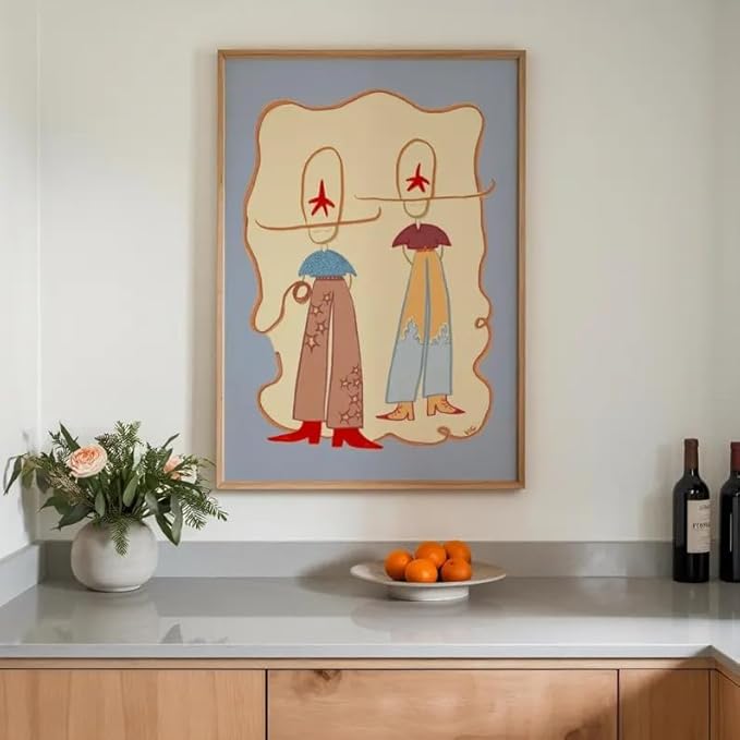 ZHBJSM Retro Cowgirl Duo Wall Art Modern Whimsical Western Boho Star Wave Pattern Warm Earthy Tone Home Living Room Bedroom Entryway Playful Nostalgic Interior Decor Accent Piece 16x24 Inch Unframed