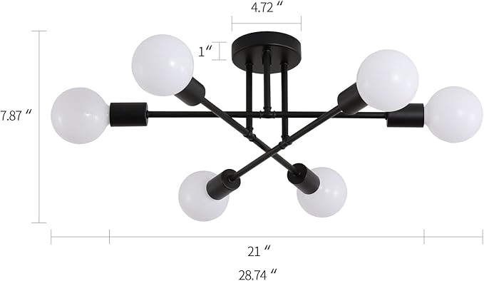 MEIXISUE Black Modern Sputnik Chandelier Ceiling Light Fixtures,6-Lights Industrial Metal Semi Flush Mount Ceiling Light for Bedroom Dining Room Living Room Kitchen Hallway UL Listed