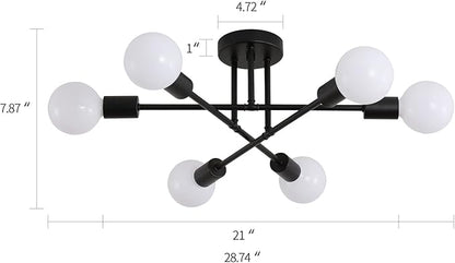 MEIXISUE Black Modern Sputnik Chandelier Ceiling Light Fixtures,6-Lights Industrial Metal Semi Flush Mount Ceiling Light for Bedroom Dining Room Living Room Kitchen Hallway UL Listed