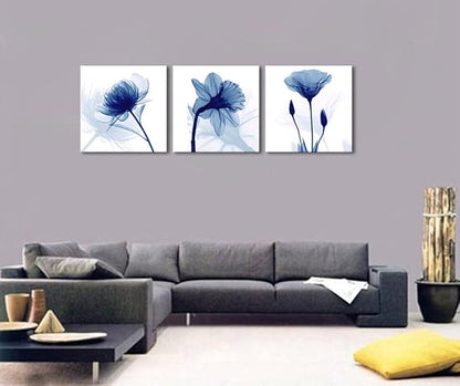 Wieco Art Blue Flowers 3 Panels Canvas Print Wall Art Modern Pictures Artwork for Living Room Bedroom and Home Decorations