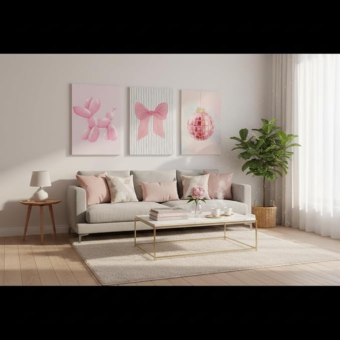 Yxjyzzkx Pink Cute Wall Art Set of 3 – Aesthetic Canvas Prints for Girls Room, Nursery & Kids Bedroom, Pink Bow Balloon Dog Chandelier Artwork, Modern Kawaii Wall Decor