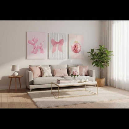 Yxjyzzkx Pink Cute Wall Art Set of 3 – Aesthetic Canvas Prints for Girls Room, Nursery & Kids Bedroom, Pink Bow Balloon Dog Chandelier Artwork, Modern Kawaii Wall Decor