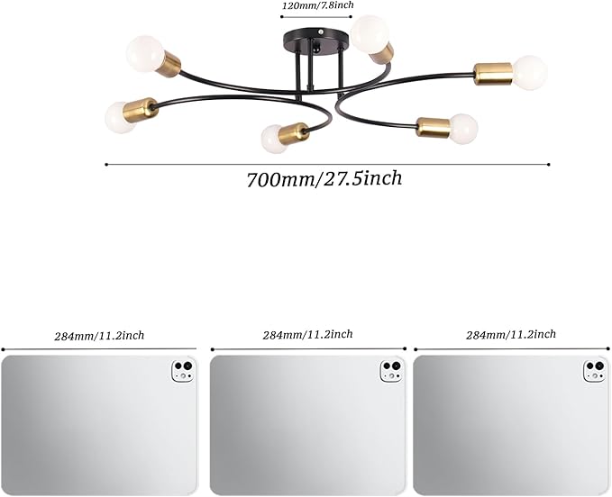 FRIXCHUR Modern Semi Flush Mount Ceiling Light Fixture 6-Lights Sputnik Chandelier Light Black and Gold Close to Ceiling Light Fixture for Living Room Bedroom Kitchen