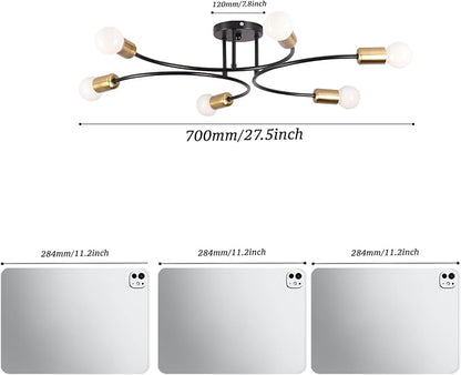 FRIXCHUR Modern Semi Flush Mount Ceiling Light Fixture 6-Lights Sputnik Chandelier Light Black and Gold Close to Ceiling Light Fixture for Living Room Bedroom Kitchen