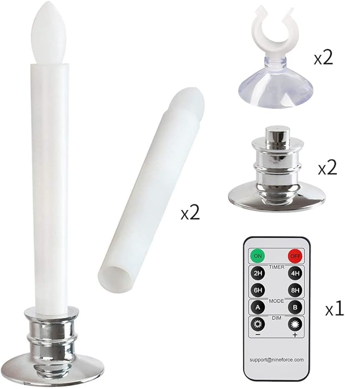 2 Pack Flameless Taper Candles with Remote/Timer & Suction Cup, Battery Operated Flickering LED Window Candles, Vintage Christmas Electric Fake Candlesticks, Silver Holder