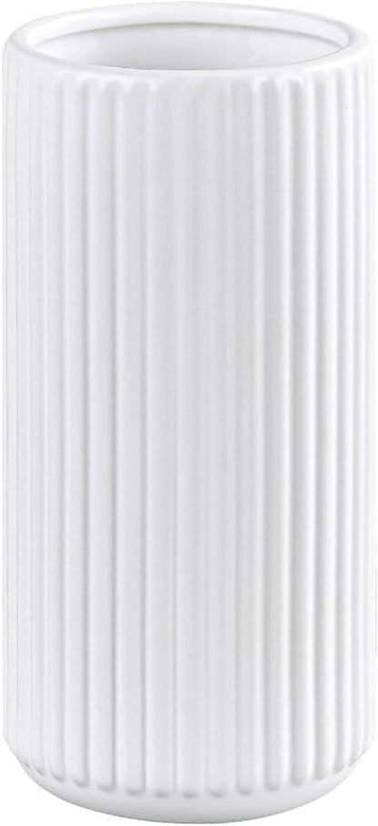 TIMEFOTO White Ceramic Flower Vase for Pampas Grass, 6 inch Small Decorative Centerpiece Ribbed Vase for Dining Table, Office Desktop, Shelf Bookshelf, Mantel, Bathroom, Countertop, Farmhouse, Gift