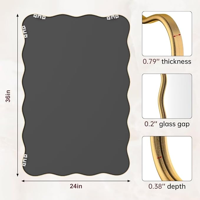 PROHOMEWARE 24 * 36" Gold Bathroom Mirror for Wall,Wavy Rectangular Mirror,Vanity Mirror,Bathroom Mirrors for Wall,Wall-Mounted Metal Frame Mirror for Bedroom Entryway Living Room Farmhouse (Gold)