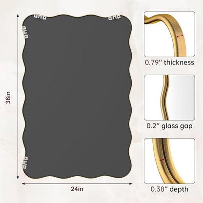 PROHOMEWARE 24 * 36" Gold Bathroom Mirror for Wall,Wavy Rectangular Mirror,Vanity Mirror,Bathroom Mirrors for Wall,Wall-Mounted Metal Frame Mirror for Bedroom Entryway Living Room Farmhouse (Gold)