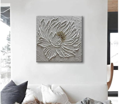 Slyart Handmade White 3D Floral Canvas Wall Art 24x24 Inches Abstract Flower Paintings Modern Contemporary Texture Wall Art White Artwork for Home Decorations