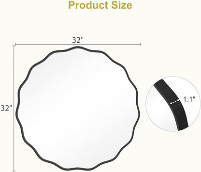 WallBeyond Round Wavy Mirror for Wall Decorative 32 inch, Modern Round Mirror Aluminum Frame for Bathroom Bedroom Living Room Home House Office Entryway, Black