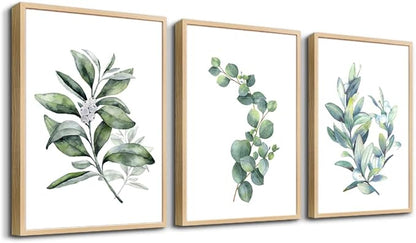 Hyidecorart Wood Framed Wall Art - Large Green Leaves Wall Paintings Set of 3 Piece Framed Prints for Living Room, Bedroom, Kitchen, Office Decor