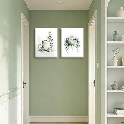 Frimeeme 3 Piece Sage Green Botanical Bathroom Decor, Framed Canvas Wall Art Set, bathroom wall art with leaves, 12x16 Inches Ready to Hang Prints