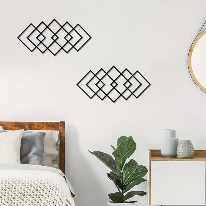 DUOOLN Large 2Pcs Abstract Metal Wall Art Decor, Black Modern Geometric Hanging Sign, Minimalist Single Line Décor Sculptures, Living Room Bedroom Bathroom Office Farmhouse Decoration-17.32 x 9.6 in
