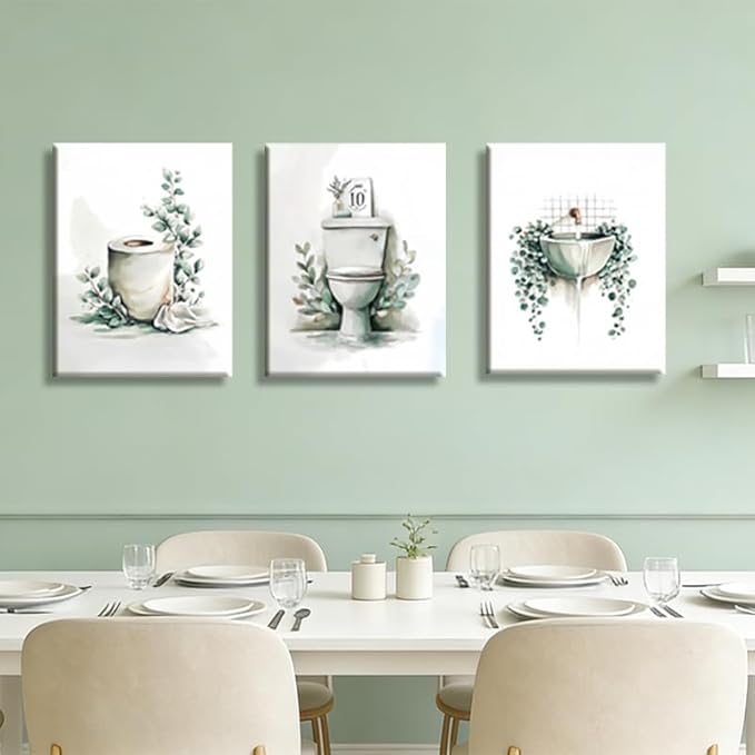 Frimeeme 3 Piece Sage Green Botanical Bathroom Decor, Framed Canvas Wall Art Set, bathroom wall art with leaves, 12x16 Inches Ready to Hang Prints
