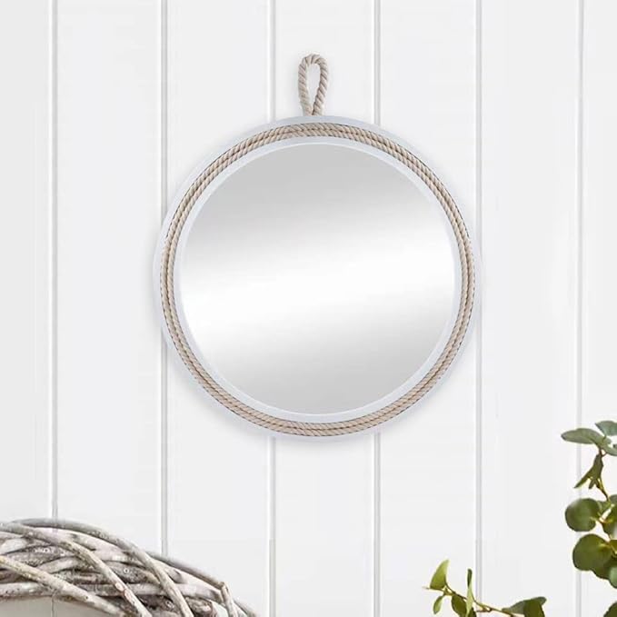 Small Decorative Mirror 11.4'' Round Hanging Mirror for Wall Nautical Rope Mirror for Bathroom Office Living Room All Occasions, White Accent 2
