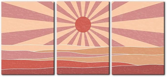 Pacimo 3 Pieces Boho Canvas Wall Art - Framed Canvas Wall Art Prints Sun Rising on the Sea Design - Modern Artwork for Home Decor, Neutral Boho Wall Decor for Living Room Bedroom Office - 20"x28"x3