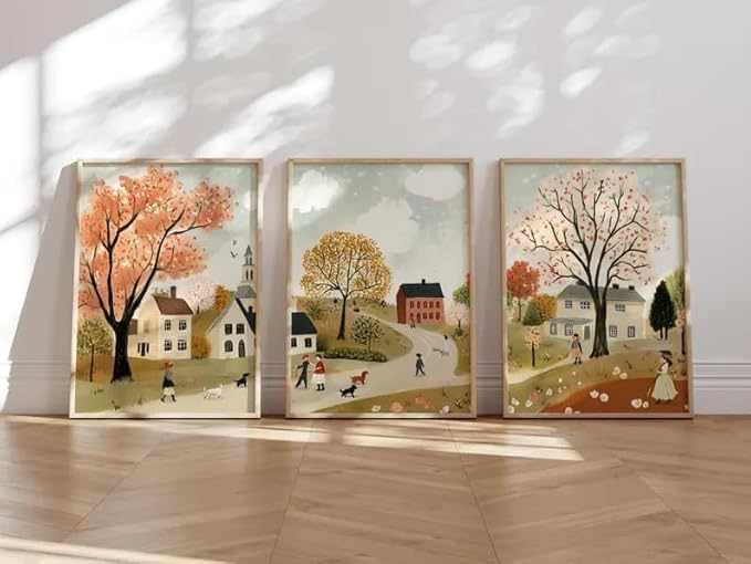 Autumn Wall Art Set of 3 Boho Vintage Cozy Rustic Autumn Tree Small Town Scene Walking Figure Dog Warm Tone Home Living Room Bedroom Nature-Themed Stylish Interior Decor Accent 12x16 Inch Unframed
