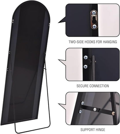 DMWOODFL 58"x18" Arched Full Length Mirror - Wall/Floor Mounted with Stand, Shatter-Proof Glass & Aluminum Frame, Large Body Mirror for Bedroom, Living Room, Entryway or Cloakroom, Black