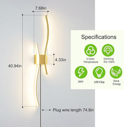 Daunton Modern Gold Plug in Wall Sconces Set of 2 - Smart Dimmable LED Wall Lights with Remote, 3CCT Adjustable & Memory Function, Timer Setting - No Wiring Needed for Living Room, Bedroom, Hallway