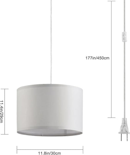2 Pack Plug in Pendant Light, Hanging Light with 15Ft Clear Cord, On/Off Switch, French Grey Fabric Lamp Shade, Hanging Light Fixture for Bedroom, Kitchen, Living Room, Dining Table