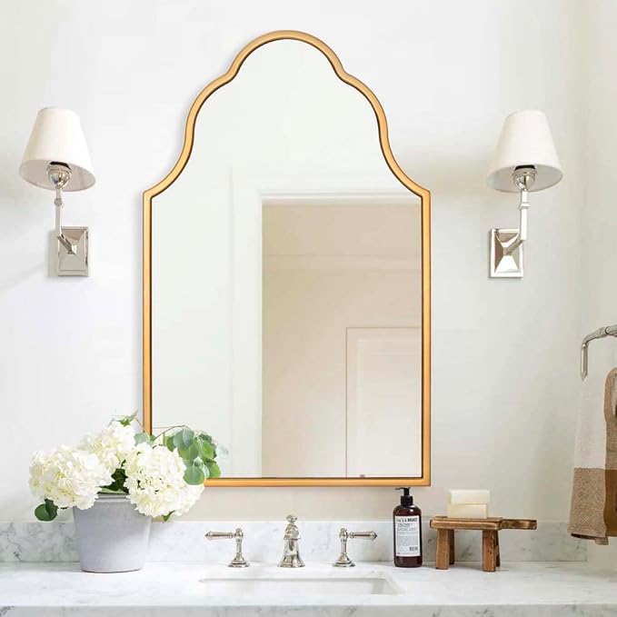 Chende Arched Mirror for Wall Decor, 32"X20" Gold Wall Mirror for Bathroom, Elegant Scalloped Mirror for Living Room, Entryway, Dining Room