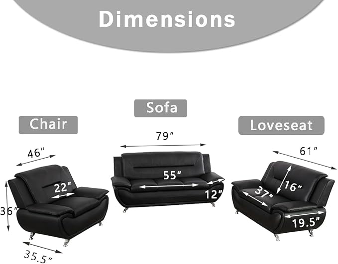 Leather Sofa Set (3-Piece, B-Leather Black) - Living Room Furniture for Apartment, Minimalist Style Material, Easy Assembly