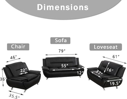 Leather Sofa Set (3-Piece, B-Leather Black) - Living Room Furniture for Apartment, Minimalist Style Material, Easy Assembly