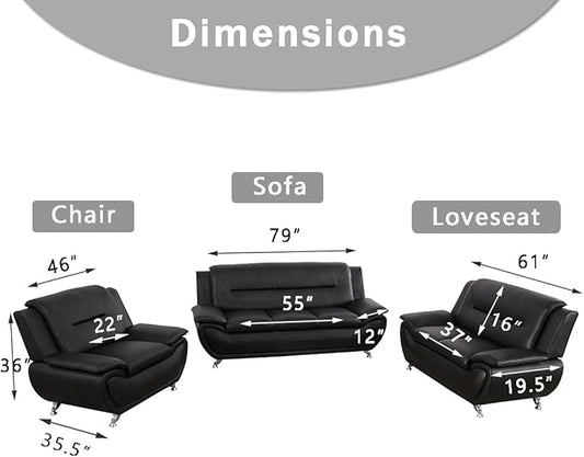 Leather Sofa Set (3-Piece, B-Leather Black) - Living Room Furniture for Apartment, Minimalist Style Material, Easy Assembly