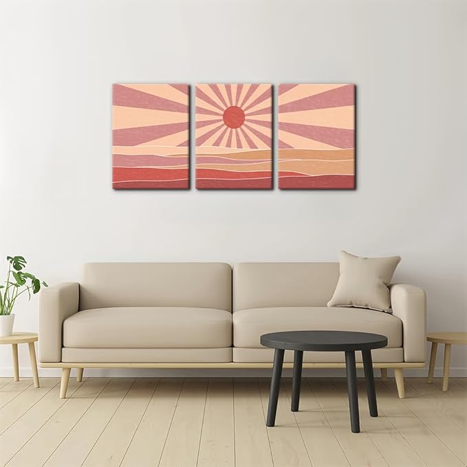 Pacimo 3 Pieces Boho Canvas Wall Art - Framed Canvas Wall Art Prints Sun Rising on the Sea Design - Modern Artwork for Home Decor, Neutral Boho Wall Decor for Living Room Bedroom Office - 12"x16"x3