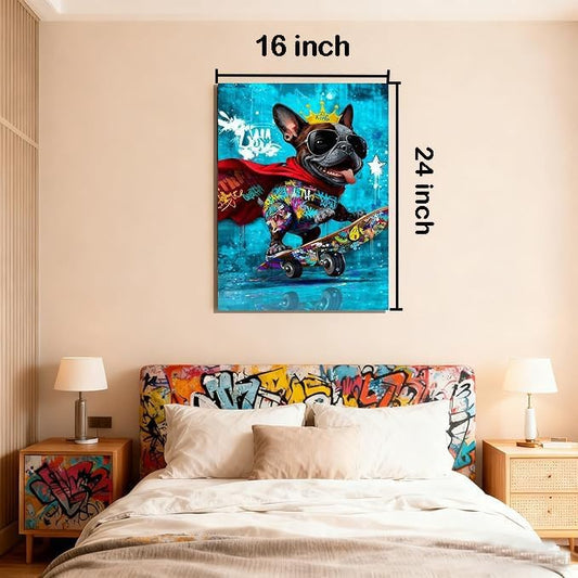 16x24 Graffiti Blue Skateboard Bulldog Canvas Wall Art Gallery Framed Poster Cartoon Dog Watercolor Painting Child Animals Bedroom Pictures Funny Pop Home Decor Teen Boy Kids Room Bathroom Prints