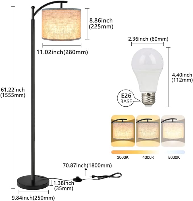 ROTTOGOON Floor Lamp for Living Room with 3 Color Temperatures LED Bulb, Standing Lamp Tall Industrial Floor Lamp Reading for Bedroom, Office (9W LED Bulb, Beige Lampshade Included) -Black